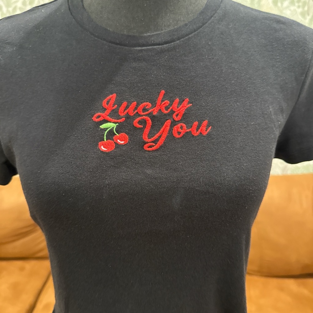 Lucky You Cherry Embroidered Y2K Baby Tee – Size L - Picture 2 of 5